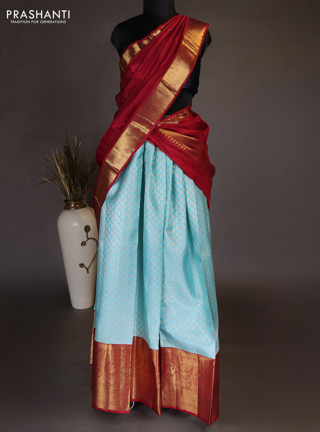 Pure kanchipuram silk lehenga dhawani light blue and red with allover zari woven brocade weaves and long rich zari woven border