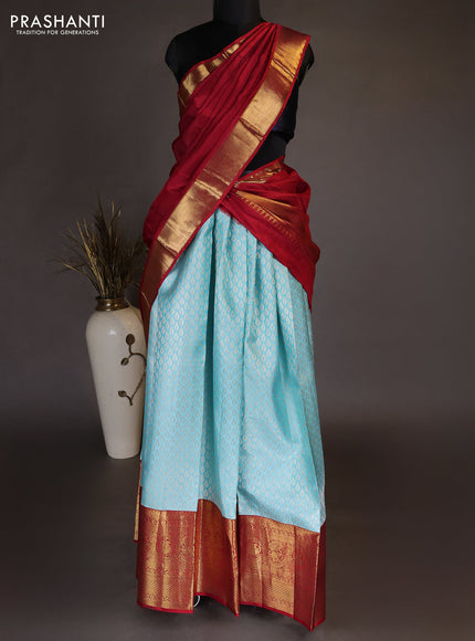 Pure kanchipuram silk lehenga dhawani light blue and red with allover zari woven brocade weaves and long rich zari woven border