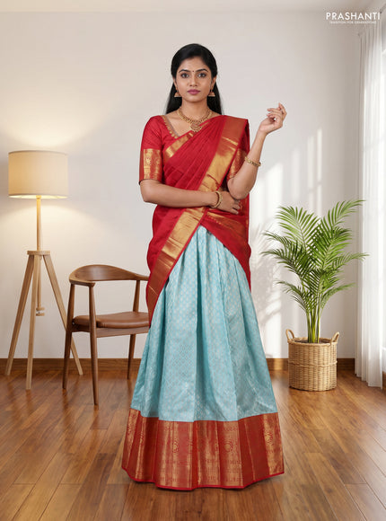 Pure kanchipuram silk lehenga dhawani light blue and red with allover zari woven brocade weaves and long rich zari woven border