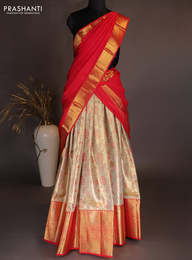 Pure kanchipuram tissue silk lehenga dhawani gold and red with allover zari woven brocade weaves and long rich zari woven border