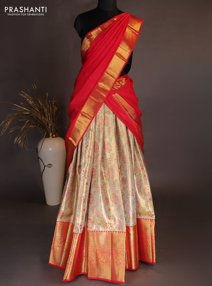 Pure kanchipuram tissue silk lehenga dhawani gold and red with allover zari woven brocade weaves and long rich zari woven border