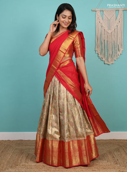 Pure kanchipuram tissue silk lehenga dhawani gold and red with allover zari woven brocade weaves and long rich zari woven border