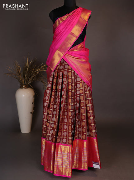 Pure kanchipuram silk lehenga dhawani deep maroon and pink with allover zari checks & buttas and long rich zari woven border