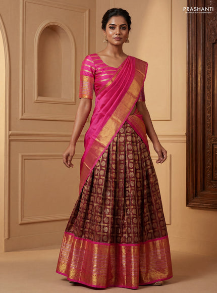 Pure kanchipuram silk lehenga dhawani deep maroon and pink with allover zari checks & buttas and long rich zari woven border