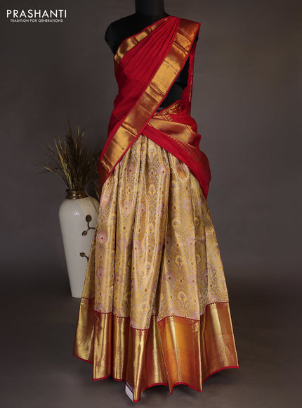 Pure kanchipuram tissue silk lehenga dhawani mustard yellow and red with allover zari woven brocade weaves and long rich zari woven border