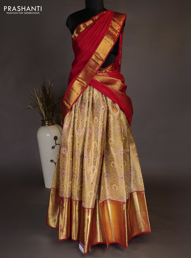Pure kanchipuram tissue silk lehenga dhawani mustard yellow and red with allover zari woven brocade weaves and long rich zari woven border