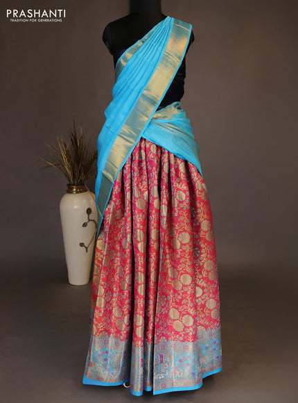 Pure kanchipuram tissue silk lehenga dhawani peach pink and light blue with allover zari woven brocade weaves and long rich zari woven border