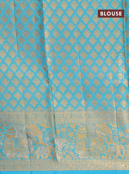 Pure kanchipuram tissue silk lehenga dhawani peach pink and light blue with allover zari woven brocade weaves and long rich zari woven border