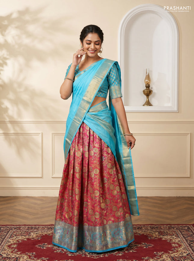 Pure kanchipuram tissue silk lehenga dhawani peach pink and light blue with allover zari woven brocade weaves and long rich zari woven border