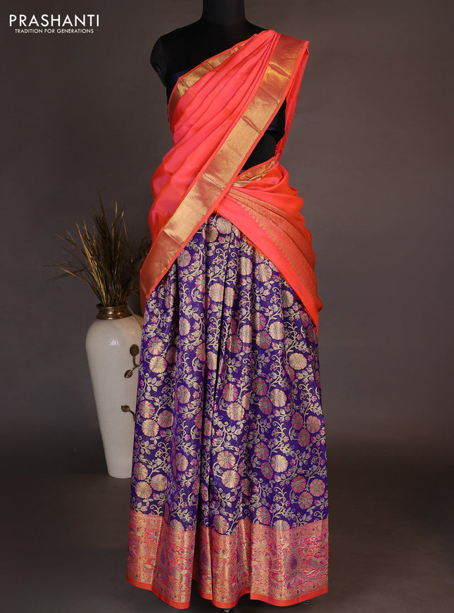 Pure kanchipuram tissue silk lehenga dhawani dark blue and orange with allover zari woven brocade weaves and long rich zari woven border