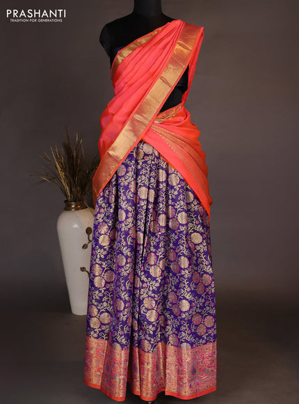 Pure kanchipuram tissue silk lehenga dhawani dark blue and orange with allover zari woven brocade weaves and long rich zari woven border