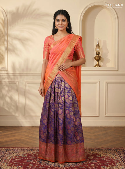 Pure kanchipuram tissue silk lehenga dhawani dark blue and orange with allover zari woven brocade weaves and long rich zari woven border