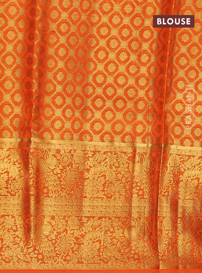 Pure kanchipuram silk lehenga dhawani mango yellow and orange with allover zari woven brocade weaves and long rich zari woven border