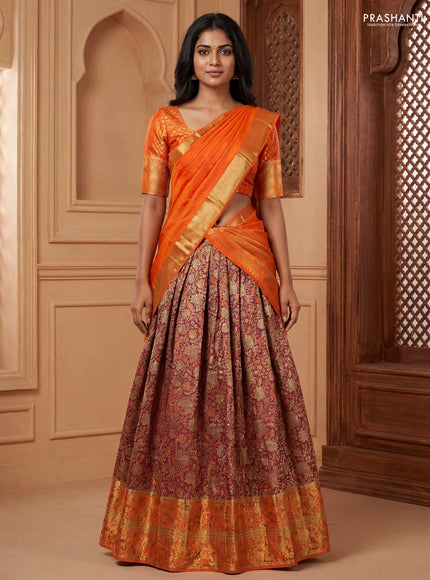 Pure kanchipuram tissue silk lehenga dhawani dual shade of rust and orange with allover zari woven brocade weaves and long rich zari woven border