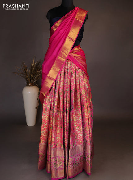 Pure kanchipuram tissue silk lehenga dhawani dual shade of candy pink and pink with allover zari woven brocade floral weaves and long rich zari woven border