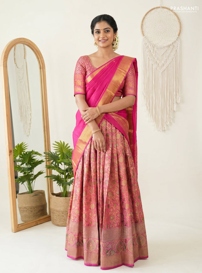 Pure kanchipuram tissue silk lehenga dhawani dual shade of candy pink and pink with allover zari woven brocade floral weaves and long rich zari woven border