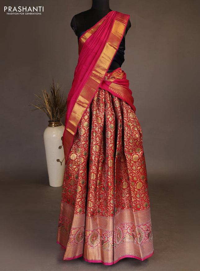 Pure kanchipuram tissue silk lehenga dhawani maroon and pink with allover zari woven brocade floral weaves and long rich zari woven border