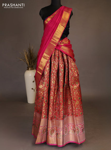 Pure kanchipuram tissue silk lehenga dhawani maroon and pink with allover zari woven brocade floral weaves and long rich zari woven border