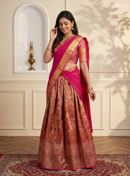 Pure kanchipuram tissue silk lehenga dhawani maroon and pink with allover zari woven brocade floral weaves and long rich zari woven border