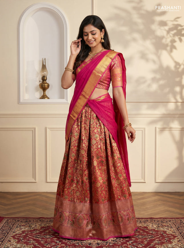 Pure kanchipuram tissue silk lehenga dhawani maroon and pink with allover zari woven brocade floral weaves and long rich zari woven border