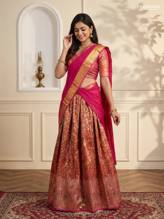 Pure kanchipuram tissue silk lehenga dhawani maroon and pink with allover zari woven brocade floral weaves and long rich zari woven border