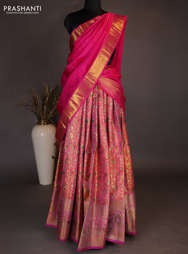Pure kanchipuram tissue silk lehenga dhawani dual shade of candy pink and pink with allover zari woven brocade floral weaves and long rich zari woven border