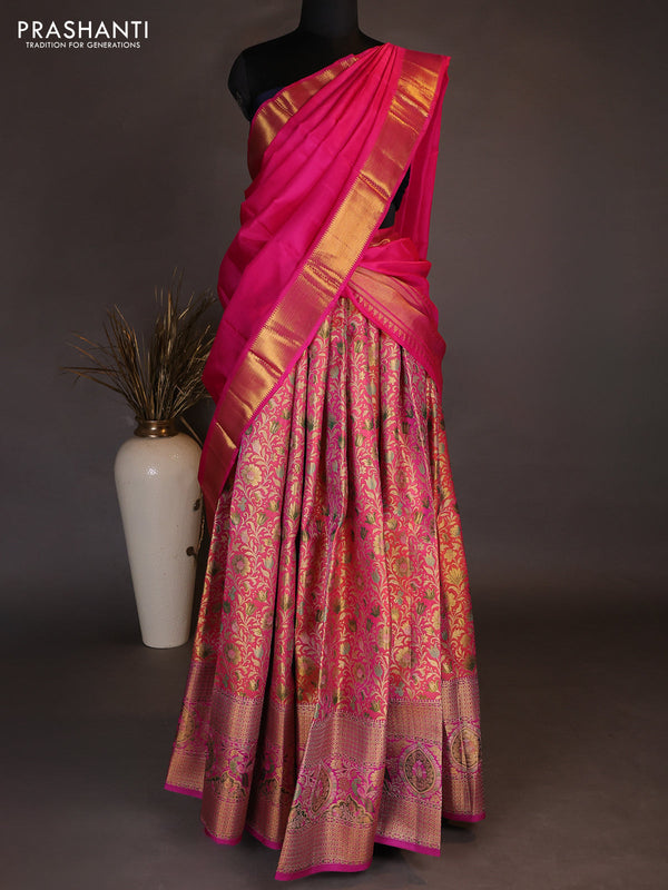 Pure kanchipuram tissue silk lehenga dhawani dual shade of candy pink and pink with allover zari woven brocade floral weaves and long rich zari woven border