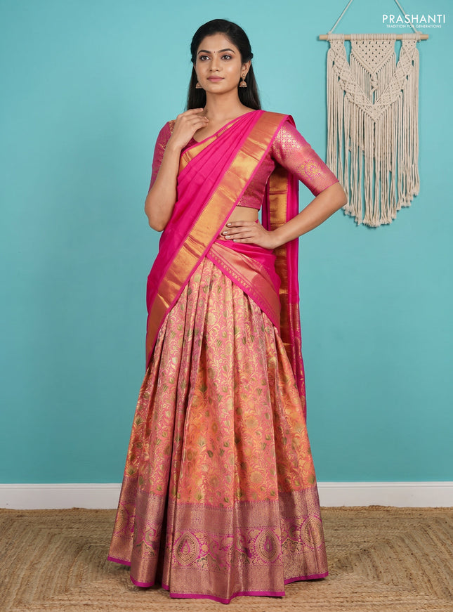 Pure kanchipuram tissue silk lehenga dhawani dual shade of candy pink and pink with allover zari woven brocade floral weaves and long rich zari woven border