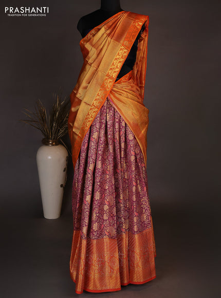 Pure kanchipuram tissue silk lehenga dhawani wine shade and orange with allover zari woven brocade weaves and long rich zari woven border