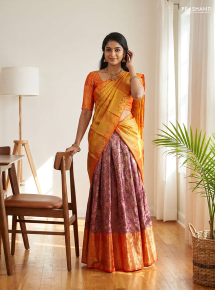 Pure kanchipuram tissue silk lehenga dhawani wine shade and orange with allover zari woven brocade weaves and long rich zari woven border