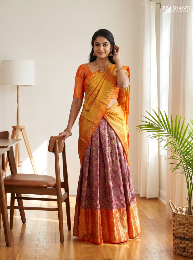 Pure kanchipuram tissue silk lehenga dhawani wine shade and orange with allover zari woven brocade weaves and long rich zari woven border