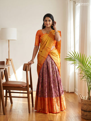 Pure kanchipuram tissue silk lehenga dhawani wine shade and orange with allover zari woven brocade weaves and long rich zari woven border