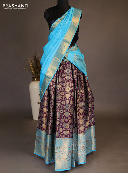 Pure kanchipuram tissue silk lehenga dhawani deep purple and light blue with allover zari woven brocade floral weaves and long rich zari woven border