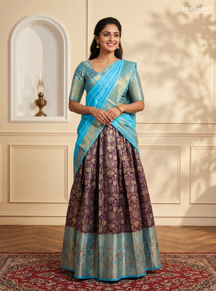 Pure kanchipuram tissue silk lehenga dhawani deep purple and light blue with allover zari woven brocade floral weaves and long rich zari woven border