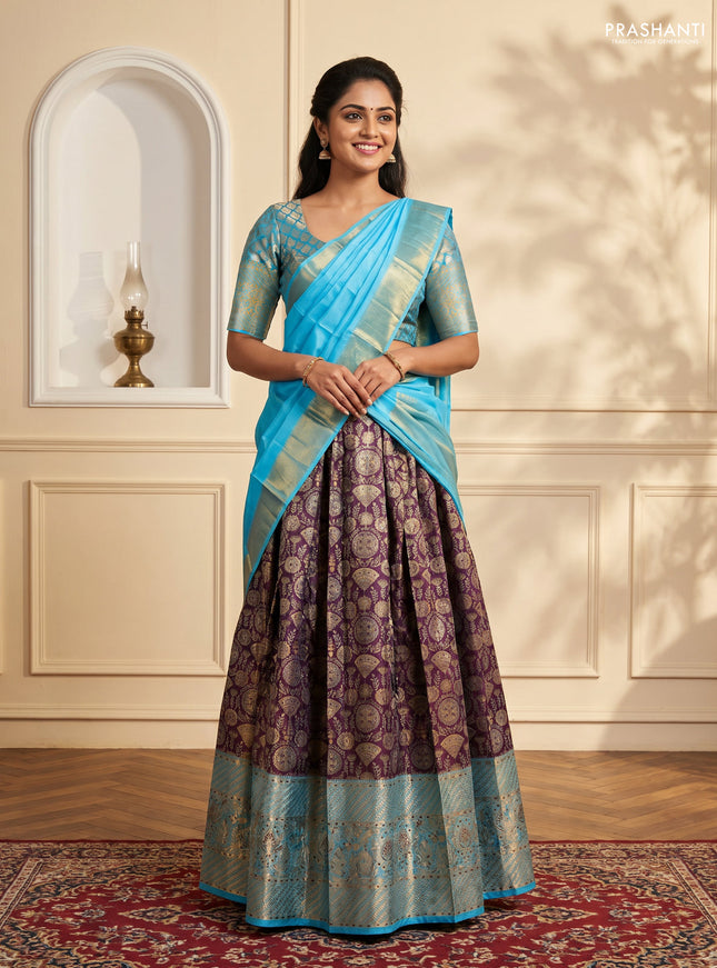 Pure kanchipuram tissue silk lehenga dhawani deep purple and light blue with allover zari woven brocade floral weaves and long rich zari woven border