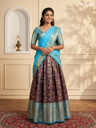 Pure kanchipuram tissue silk lehenga dhawani deep purple and light blue with allover zari woven brocade floral weaves and long rich zari woven border