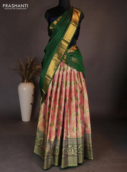 Pure kanchipuram tissue silk lehenga dhawani dual shade of peach and green with allover zari woven brocade floral weaves and long rich zari woven border