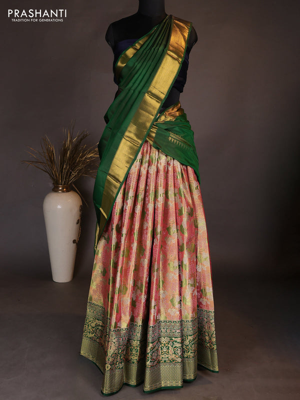 Pure kanchipuram tissue silk lehenga dhawani dual shade of peach and green with allover zari woven brocade floral weaves and long rich zari woven border