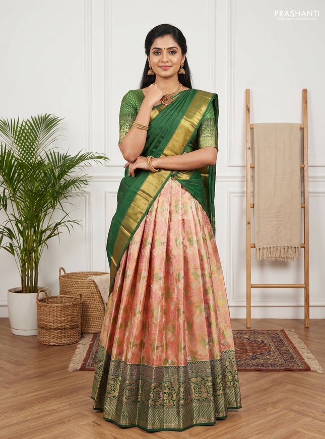 Pure kanchipuram tissue silk lehenga dhawani dual shade of peach and green with allover zari woven brocade floral weaves and long rich zari woven border