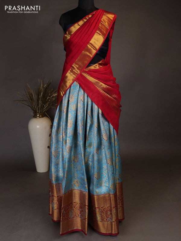 Pure kanchipuram tissue silk lehenga dhawani light blue and red with allover zari woven brocade floral weaves and long rich zari woven border