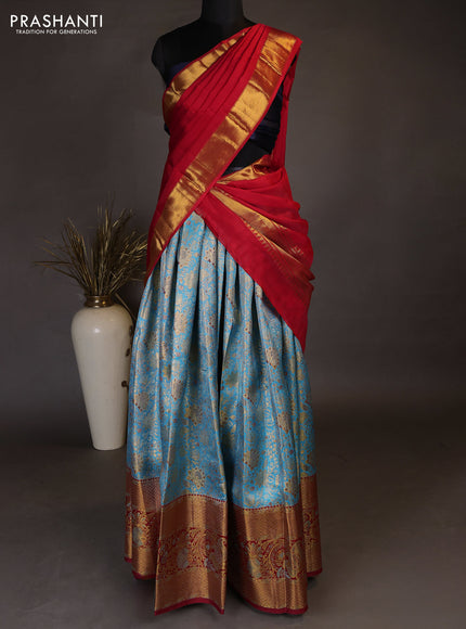 Pure kanchipuram tissue silk lehenga dhawani light blue and red with allover zari woven brocade floral weaves and long rich zari woven border