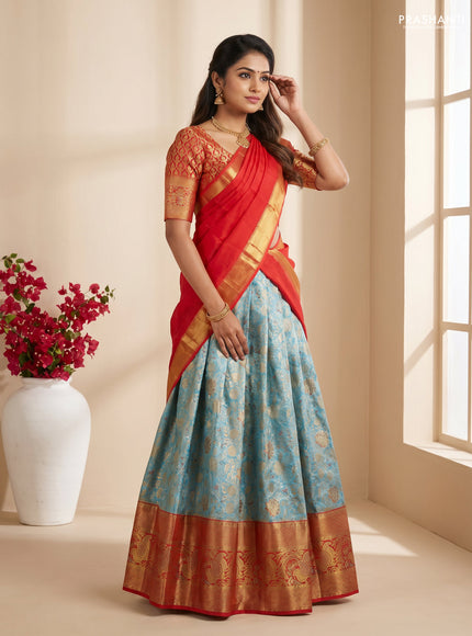 Pure kanchipuram tissue silk lehenga dhawani light blue and red with allover zari woven brocade floral weaves and long rich zari woven border