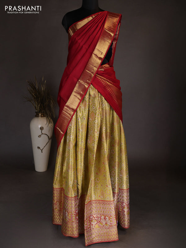 Pure kanchipuram tissue silk lehenga dhawani lime yellow and red with allover zari woven brocade weaves and long rich zari woven border
