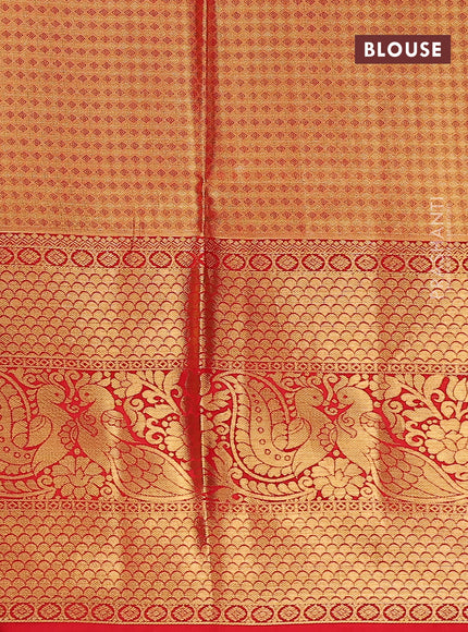 Pure kanchipuram tissue silk lehenga dhawani lime yellow and red with allover zari woven brocade weaves and long rich zari woven border