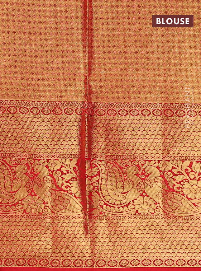 Pure kanchipuram tissue silk lehenga dhawani lime yellow and red with allover zari woven brocade weaves and long rich zari woven border