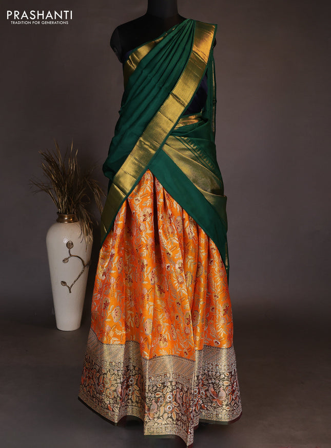 Pure kanchipuram tissue silk lehenga dhawani mango yellow and green with allover zari woven brocade floral weaves and long rich zari woven border