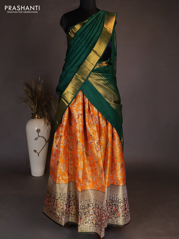 Pure kanchipuram tissue silk lehenga dhawani mango yellow and green with allover zari woven brocade floral weaves and long rich zari woven border