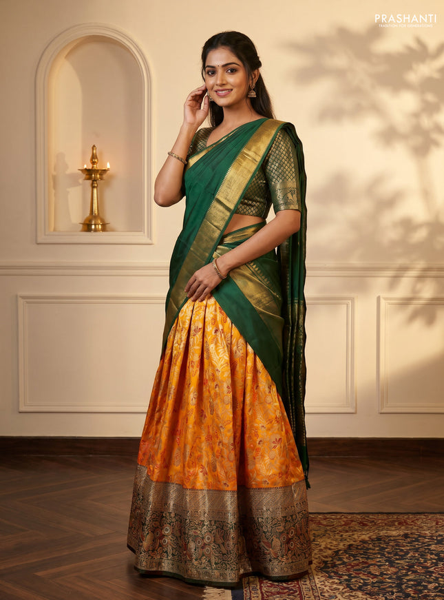 Pure kanchipuram tissue silk lehenga dhawani mango yellow and green with allover zari woven brocade floral weaves and long rich zari woven border