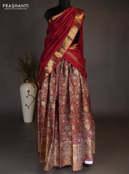 Pure kanchipuram tissue silk lehenga dhawani maroon with allover zari woven brocade floral weaves and long rich zari woven border