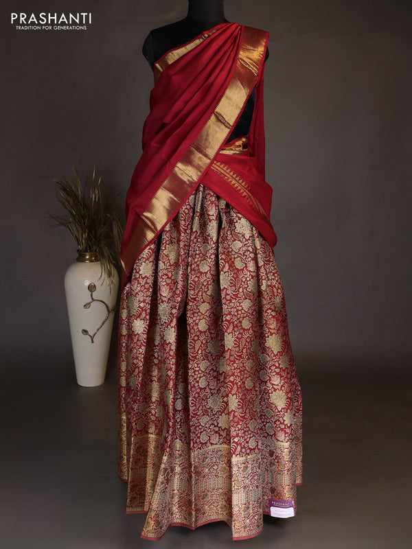Pure kanchipuram tissue silk lehenga dhawani maroon with allover zari woven brocade floral weaves and long rich zari woven border